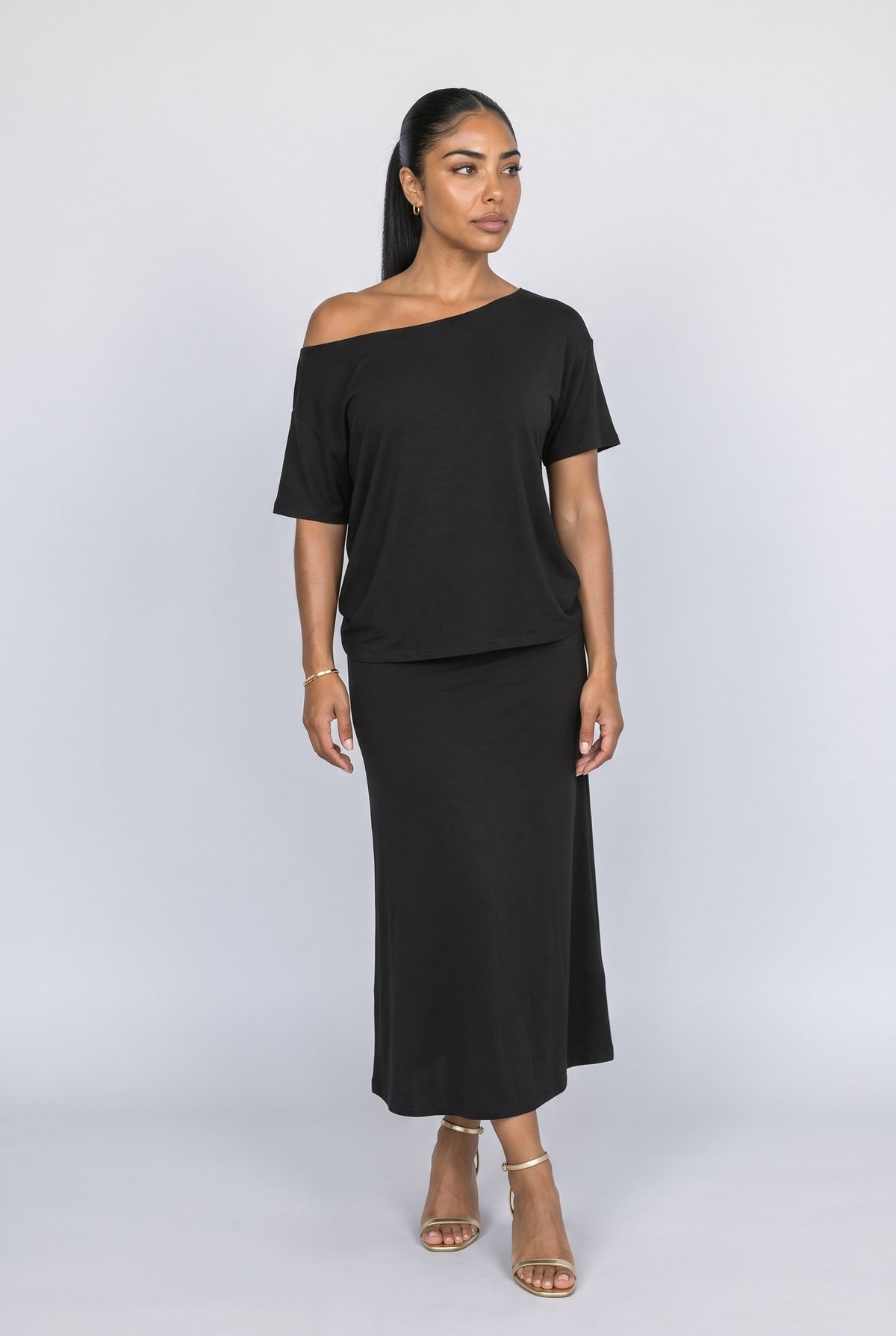 Black Off-Shoulder Two Piece Outfit, Black + White (2 pack set)