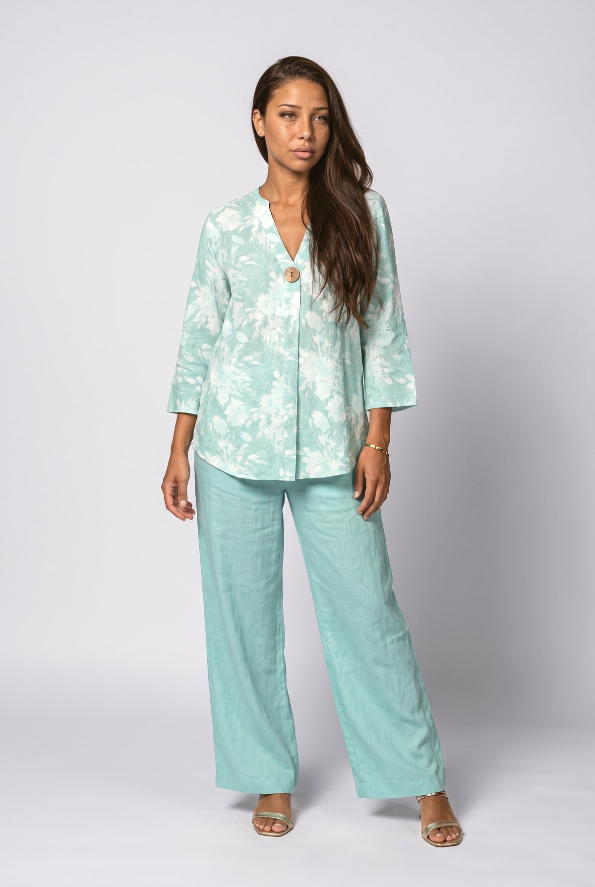 Green V-Neck Floral Two Piece Outfit, Green