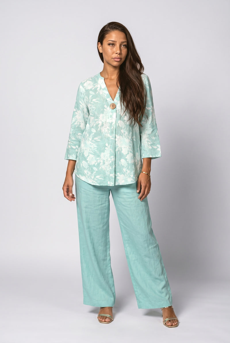 Green V-Neck Floral Two Piece Outfit