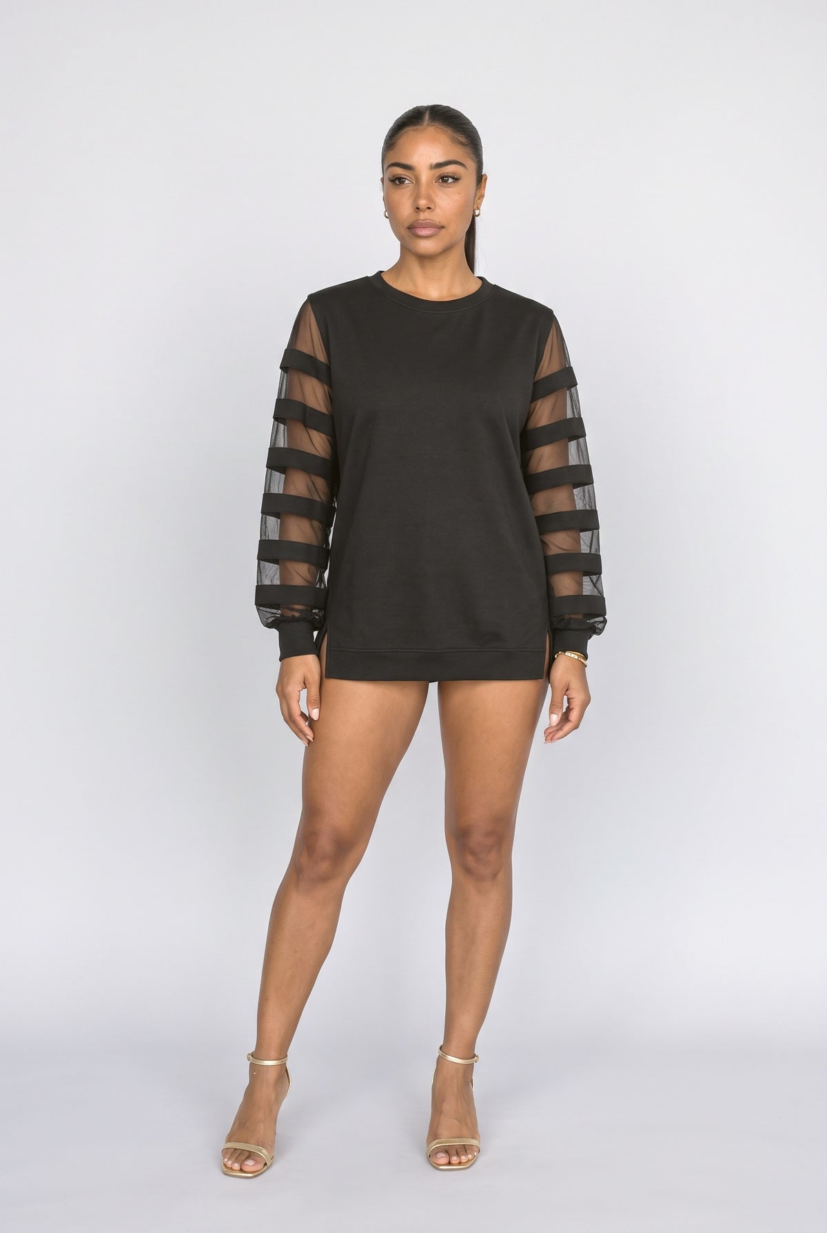 Black Mesh Puff Sleeve Sweatshirt, Black