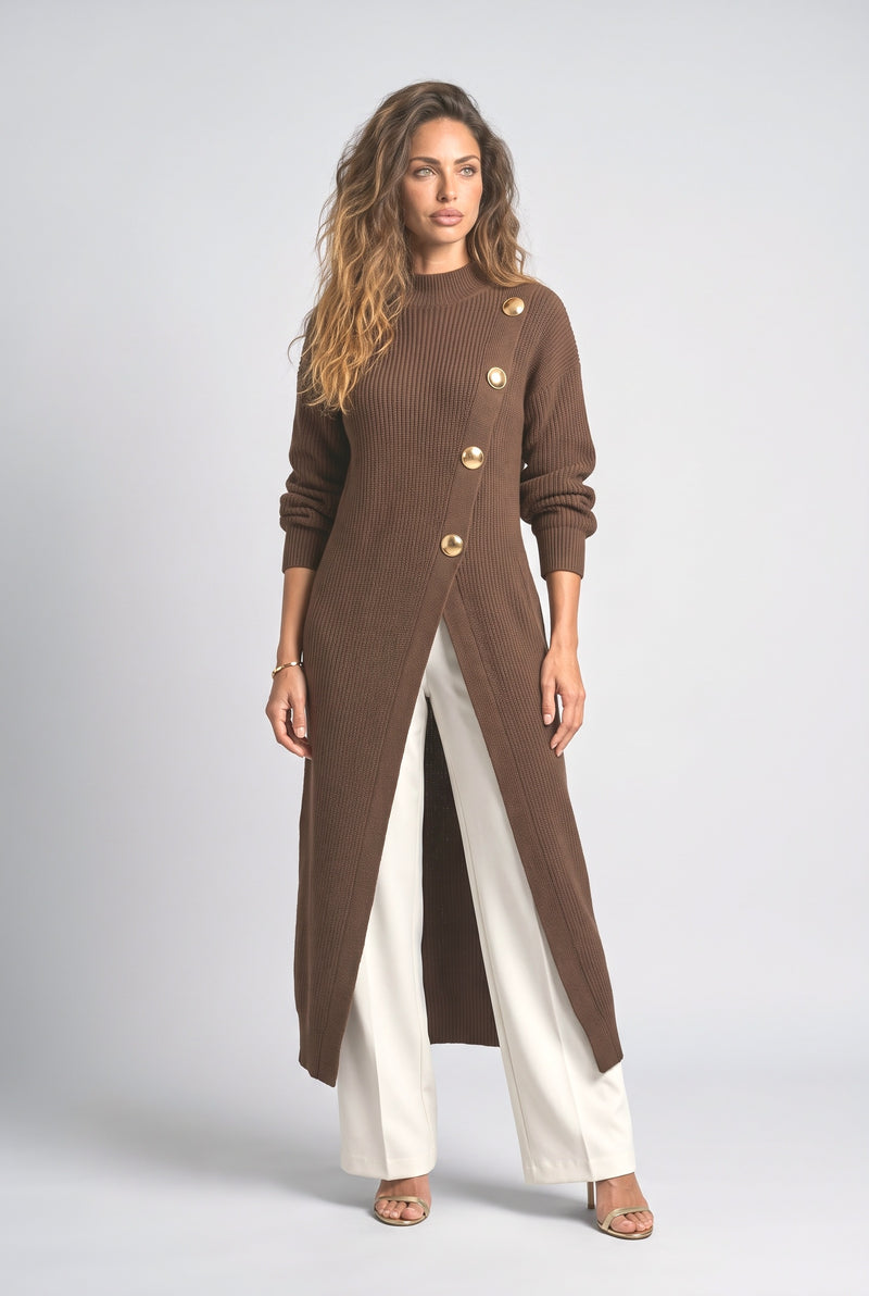 Brown Asymmetric Knit Cardigan