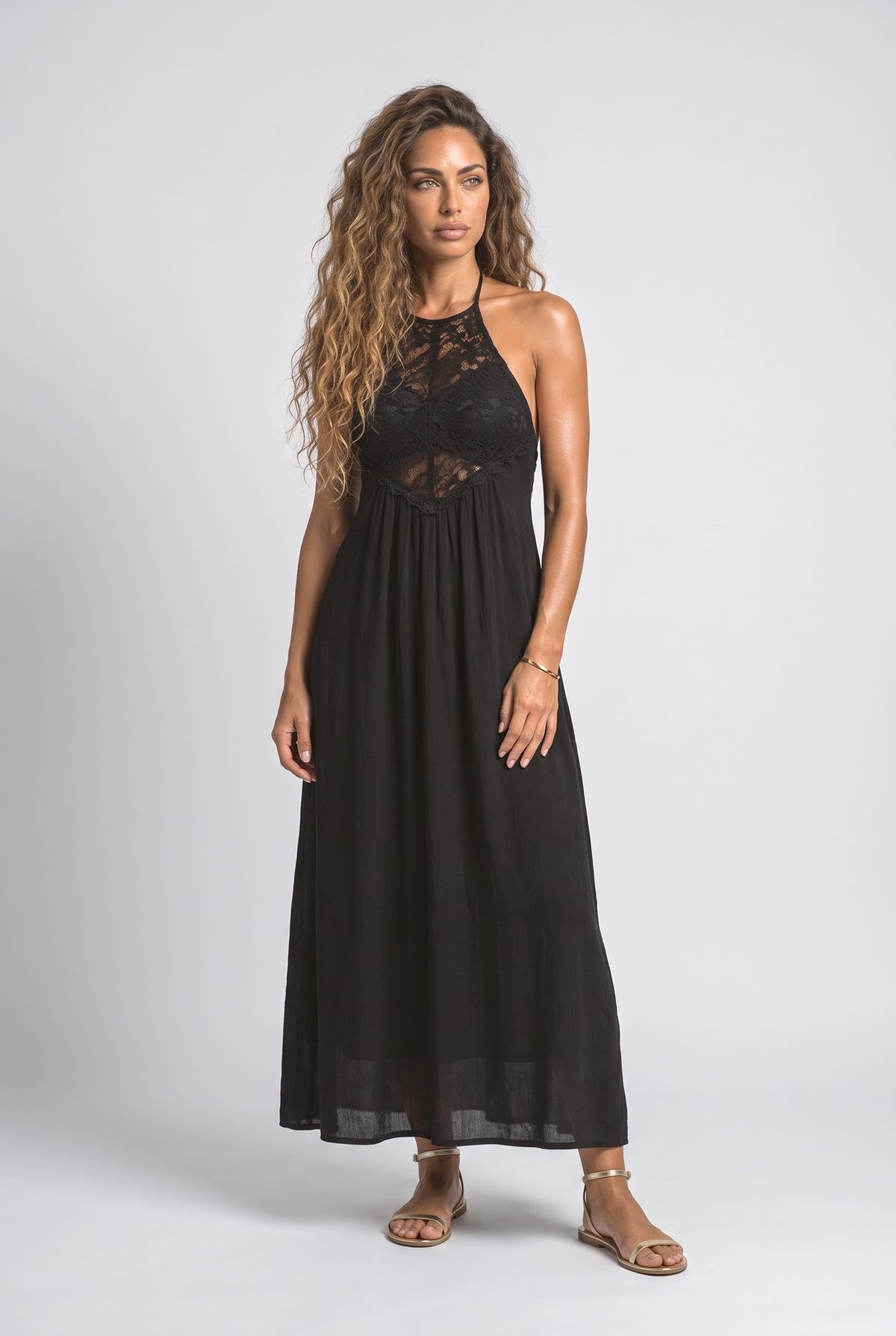 Black Lace Halter Neck Maxi Dress, Black