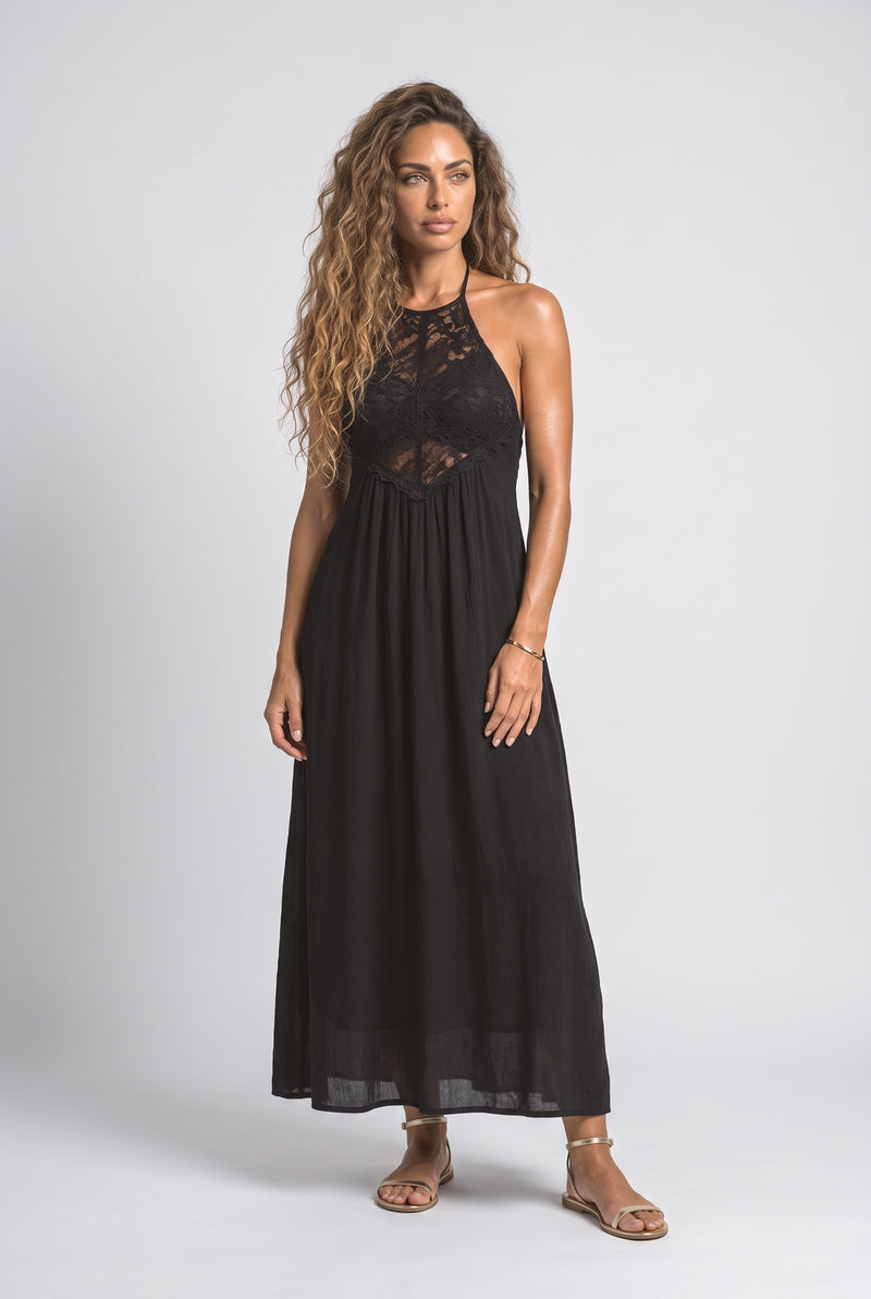 Black Lace Halter Neck Maxi Dress