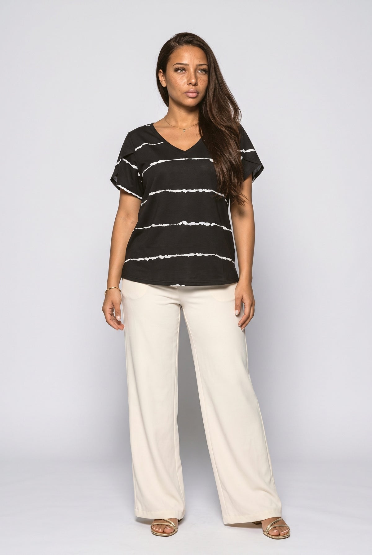 Knit V-Neck Striped T Shirt Women