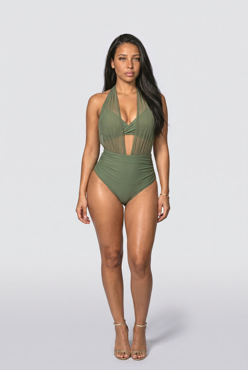 Mesh Halter Neck Ruched One Piece Swimsuit