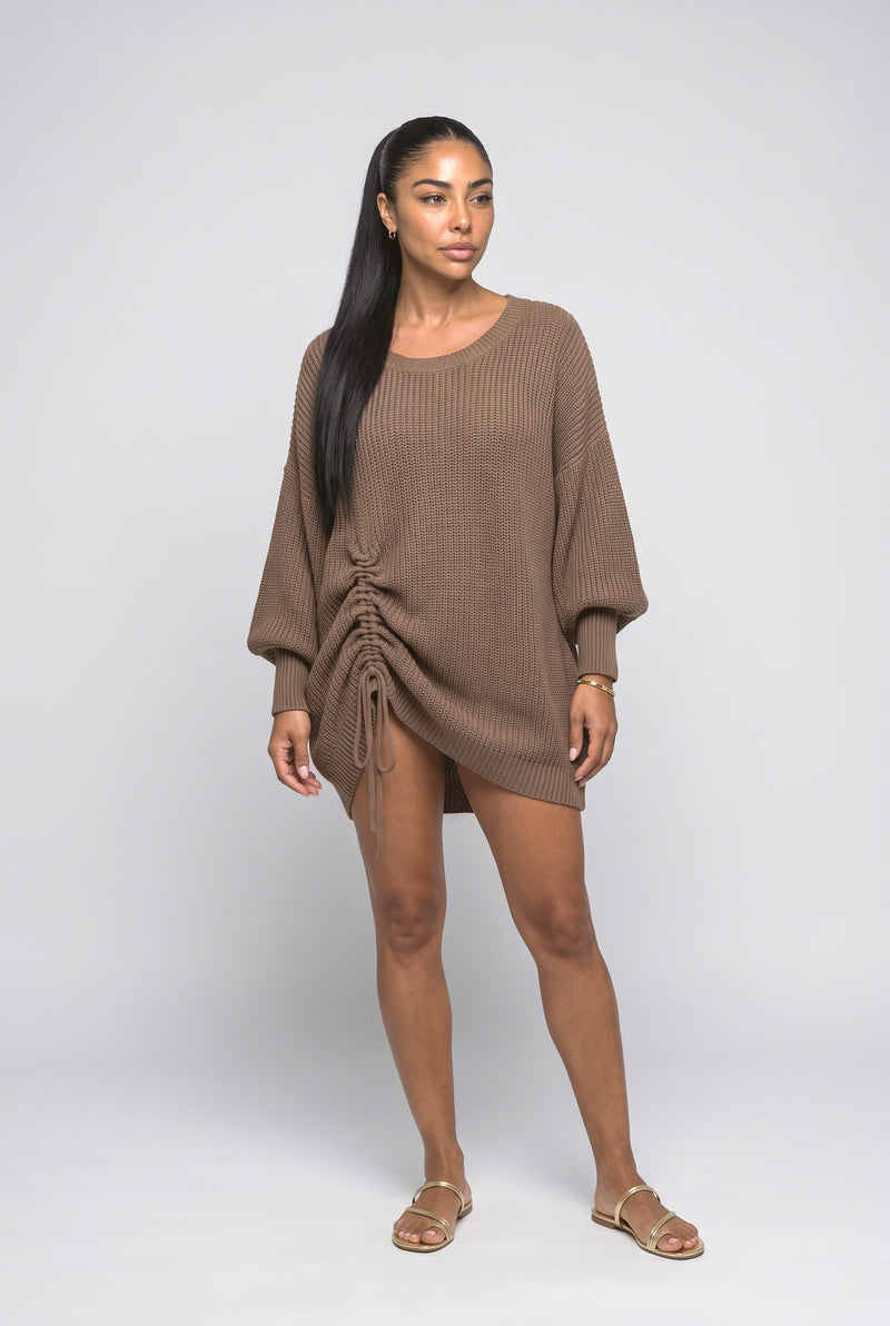 Brown Knit Ruched Oversized Sweater