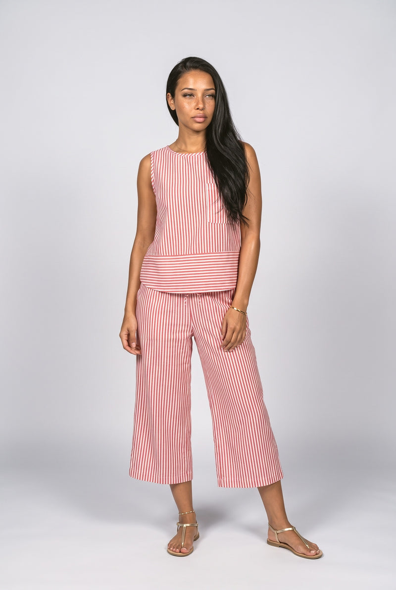Coral Pink Striped Two Piece Outfit