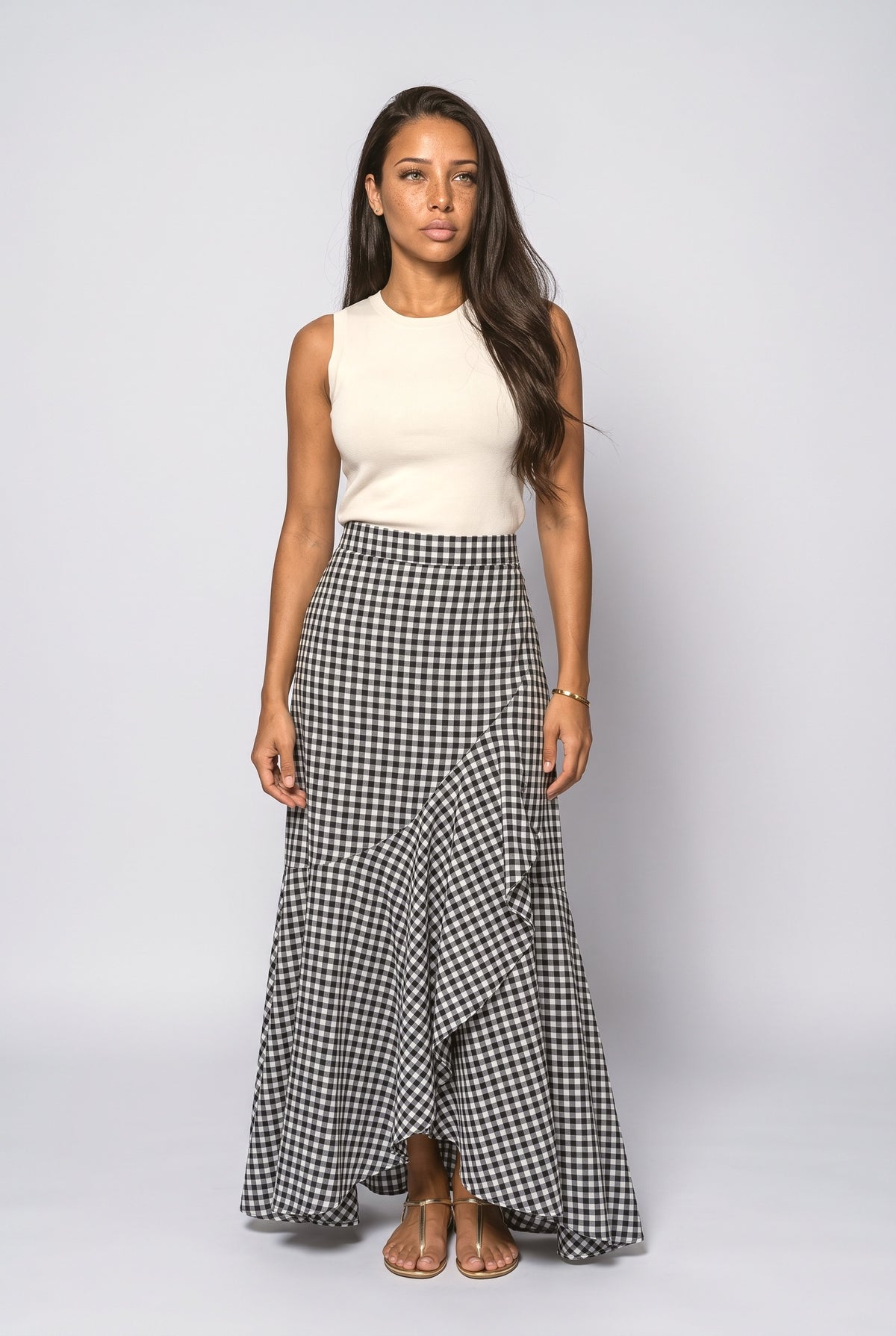 Gingham Ruffle Maxi Skirt