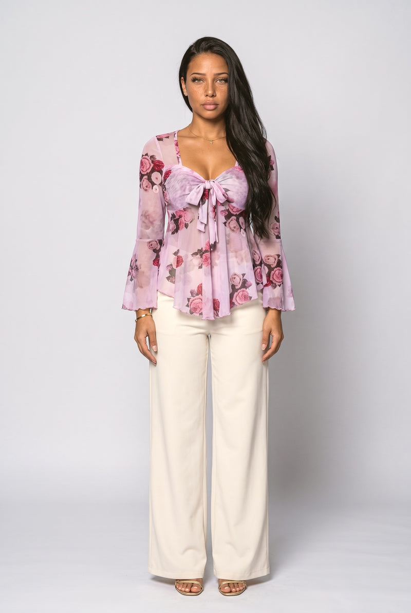 Mesh Floral Bell Sleeve Blouse