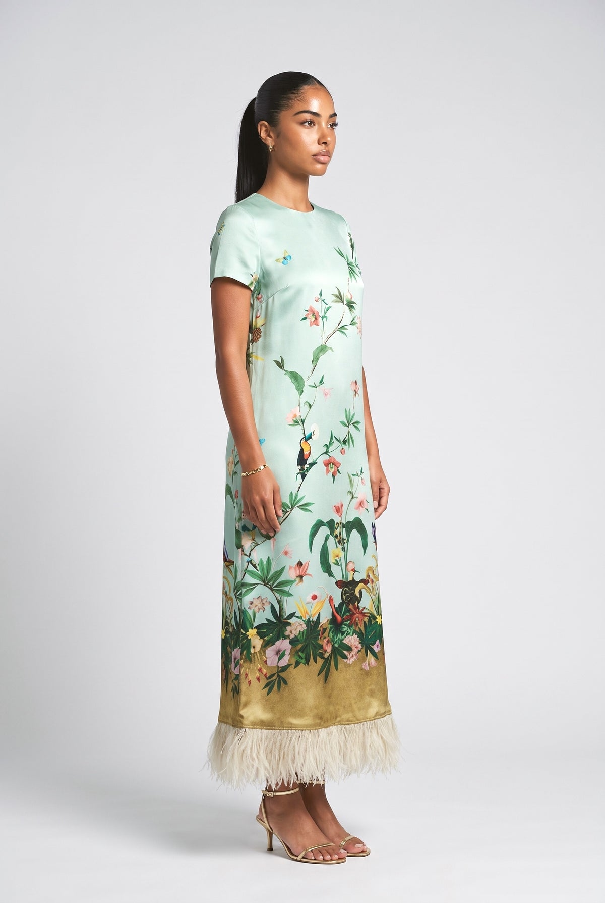 Print Feather Trim Maxi Dress