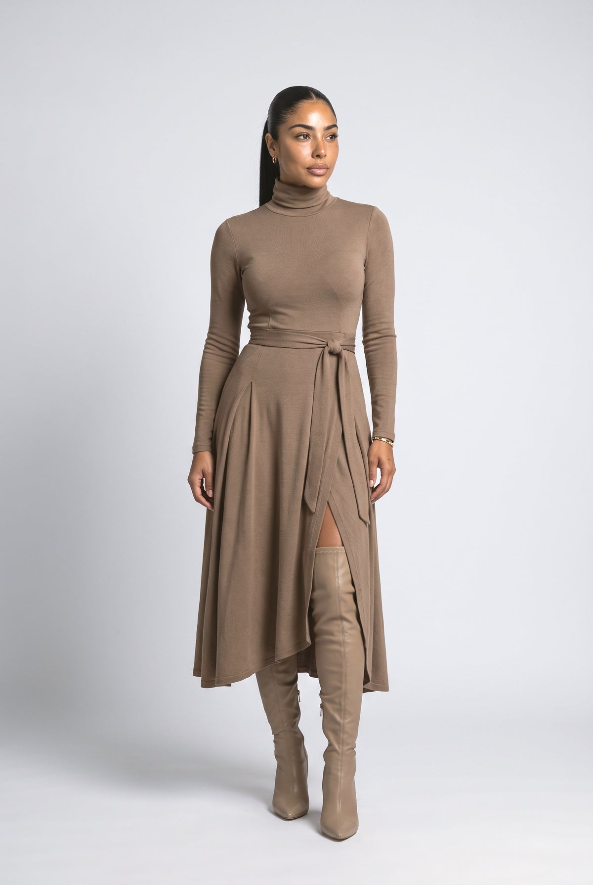 Brown Knit Turtleneck Midi Dress, Taupe
