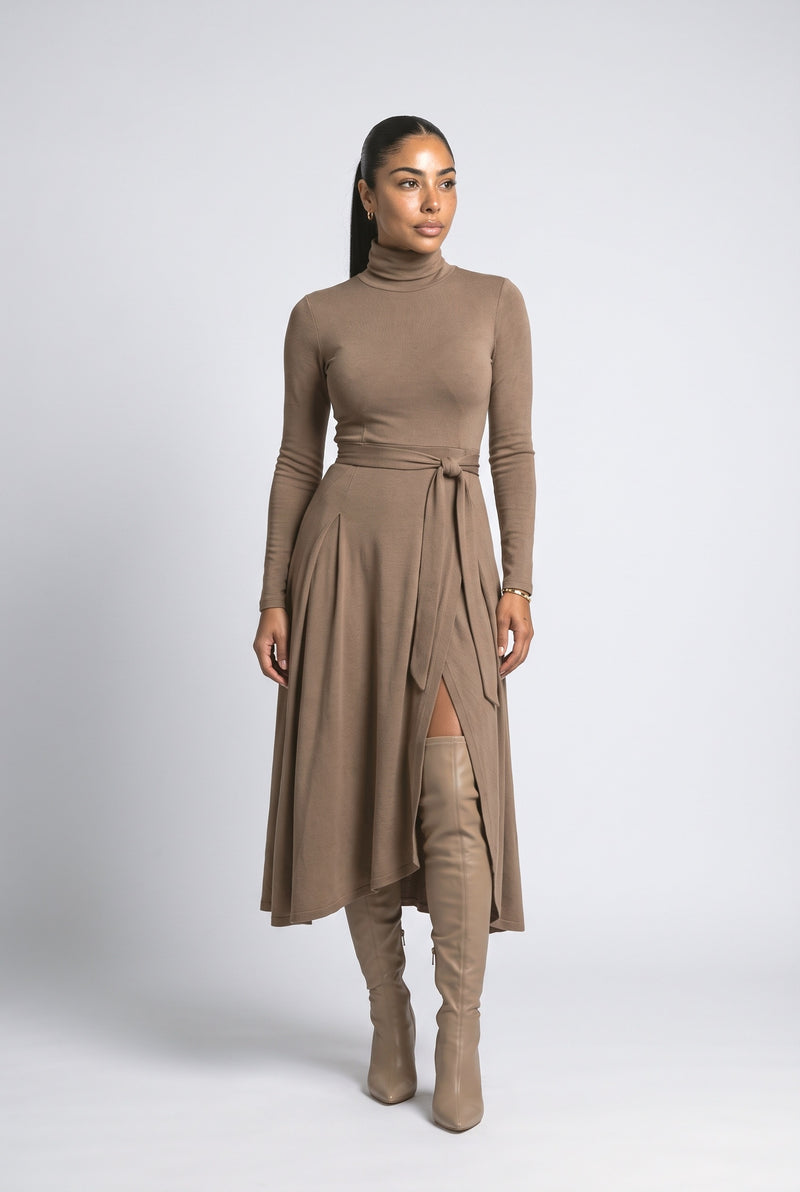 Taupe Brown Knit Turtleneck Midi Dress