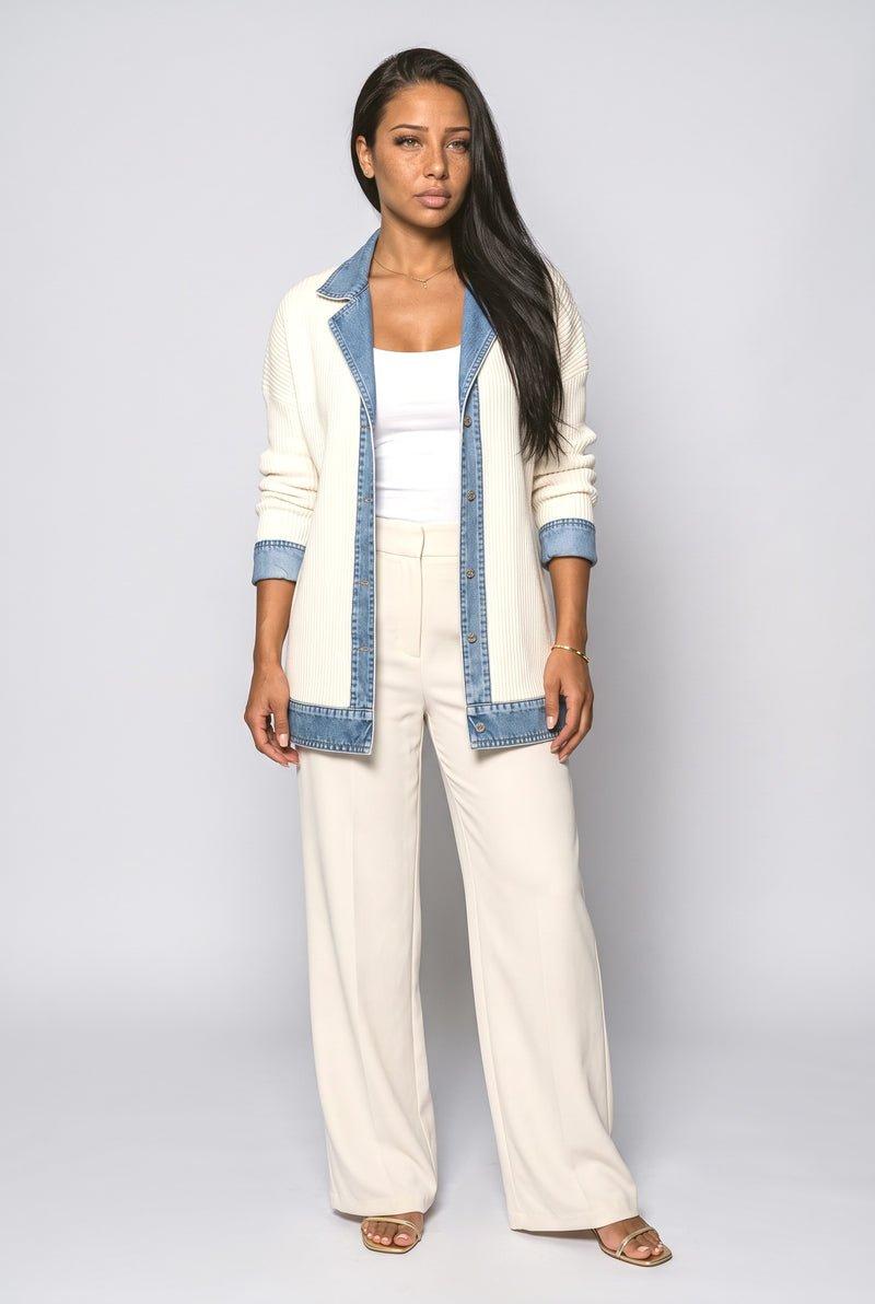 White Ribbed Knit Coat with Denim Panels