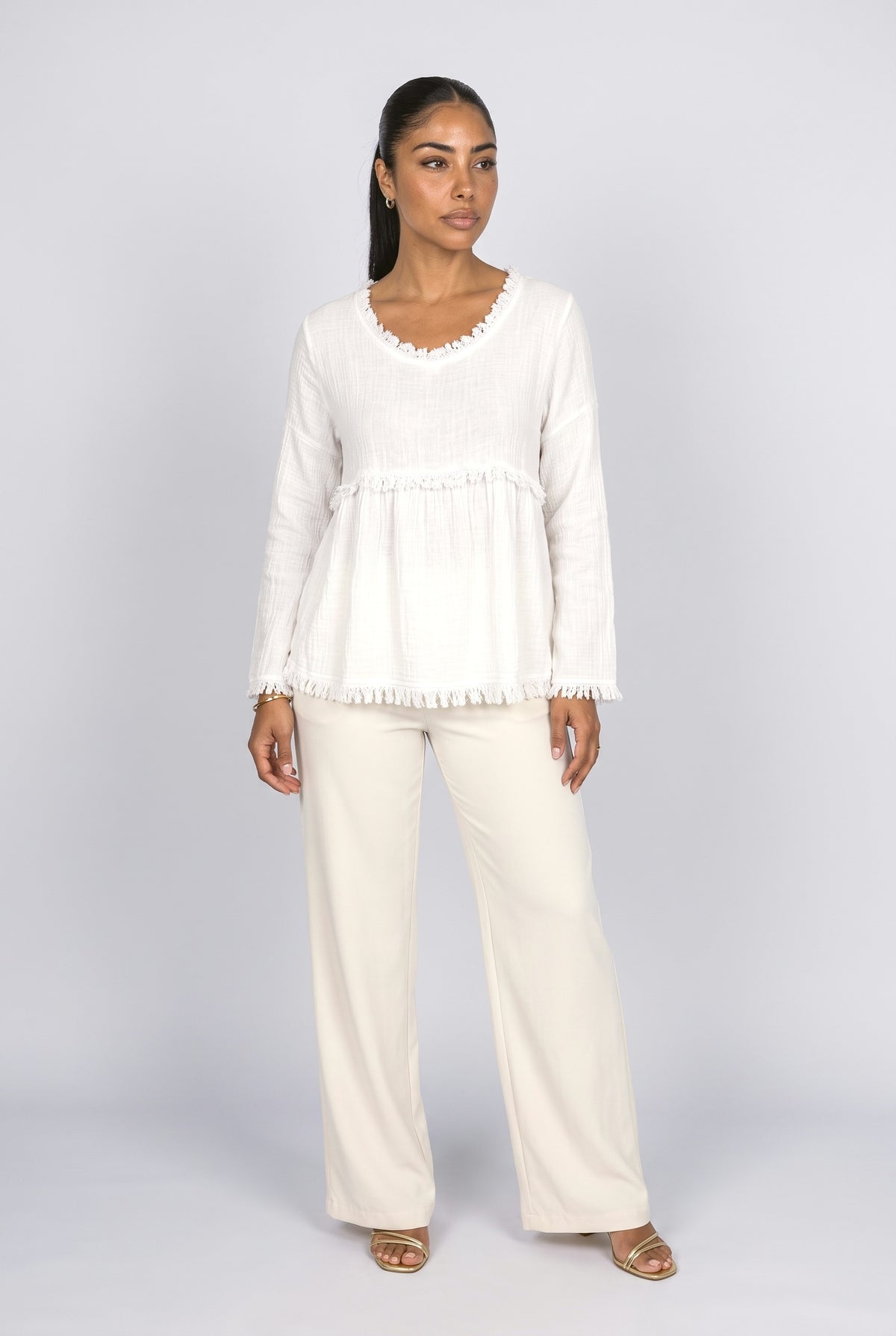 V-Neck Long Sleeve Fringe Blouse