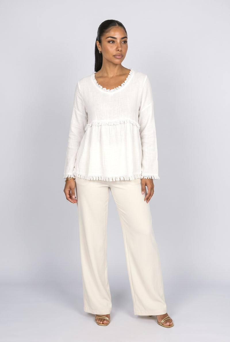 V-Neck Long Sleeve Fringe Blouse