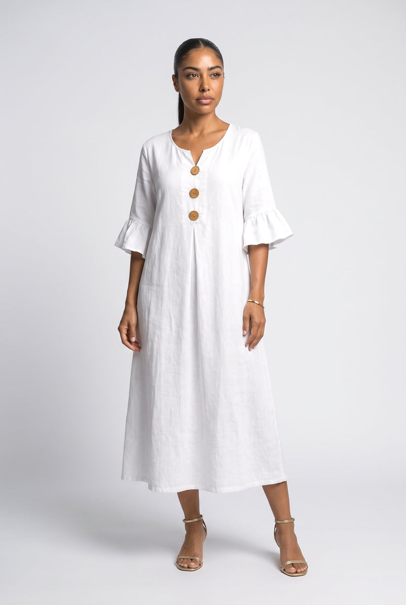 White V-Neck Ruffle Midi Dress