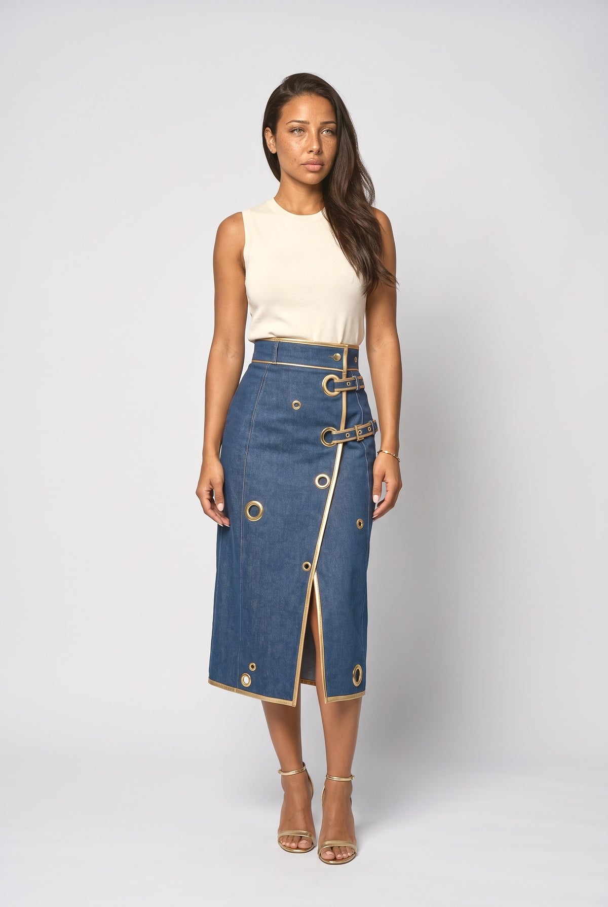 Blue Denim Wrap Midi Skirt, Denim Blue