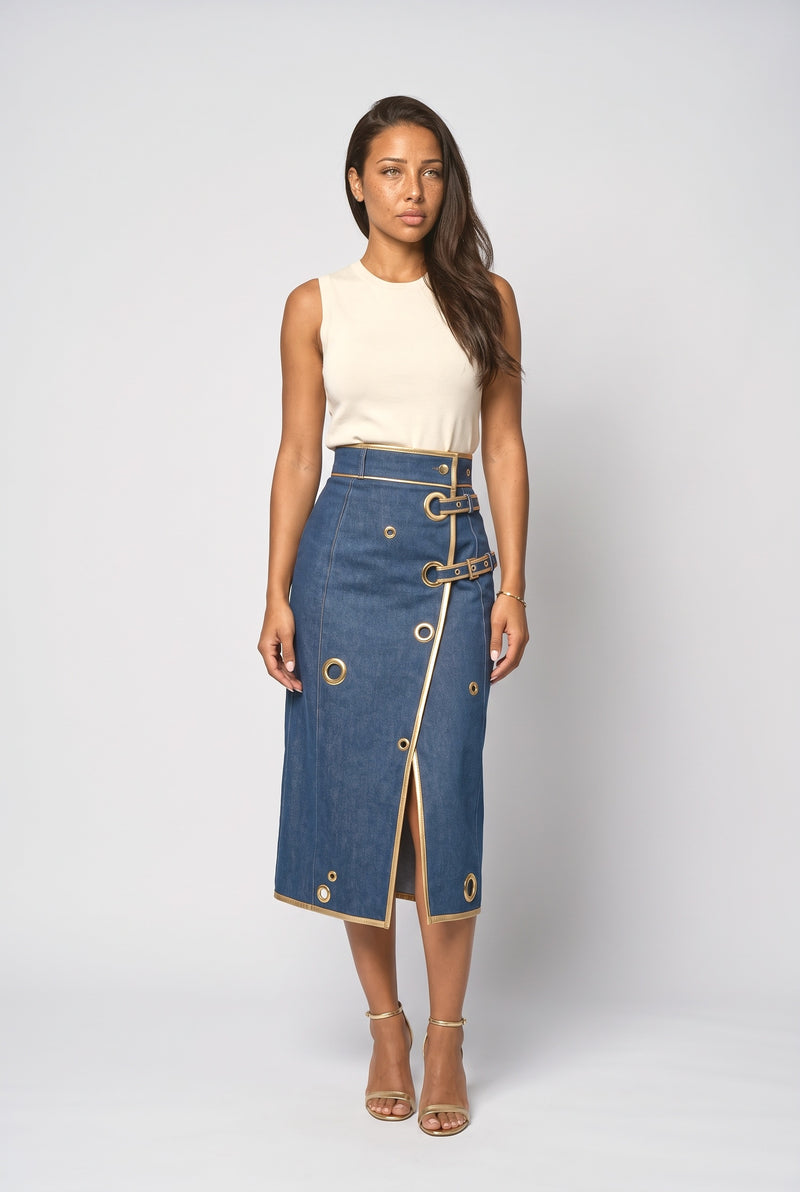 Blue Denim Wrap Midi Skirt