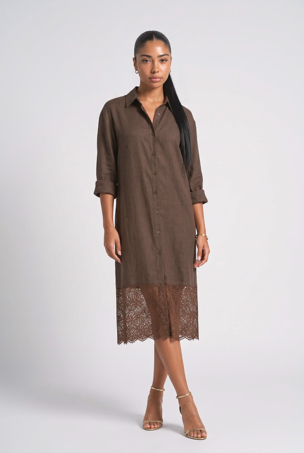 Brown Lace Midi Dress, Brown