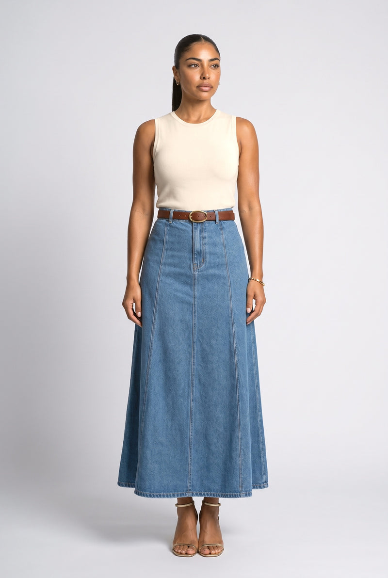 Blue Denim A-Line Maxi Skirt