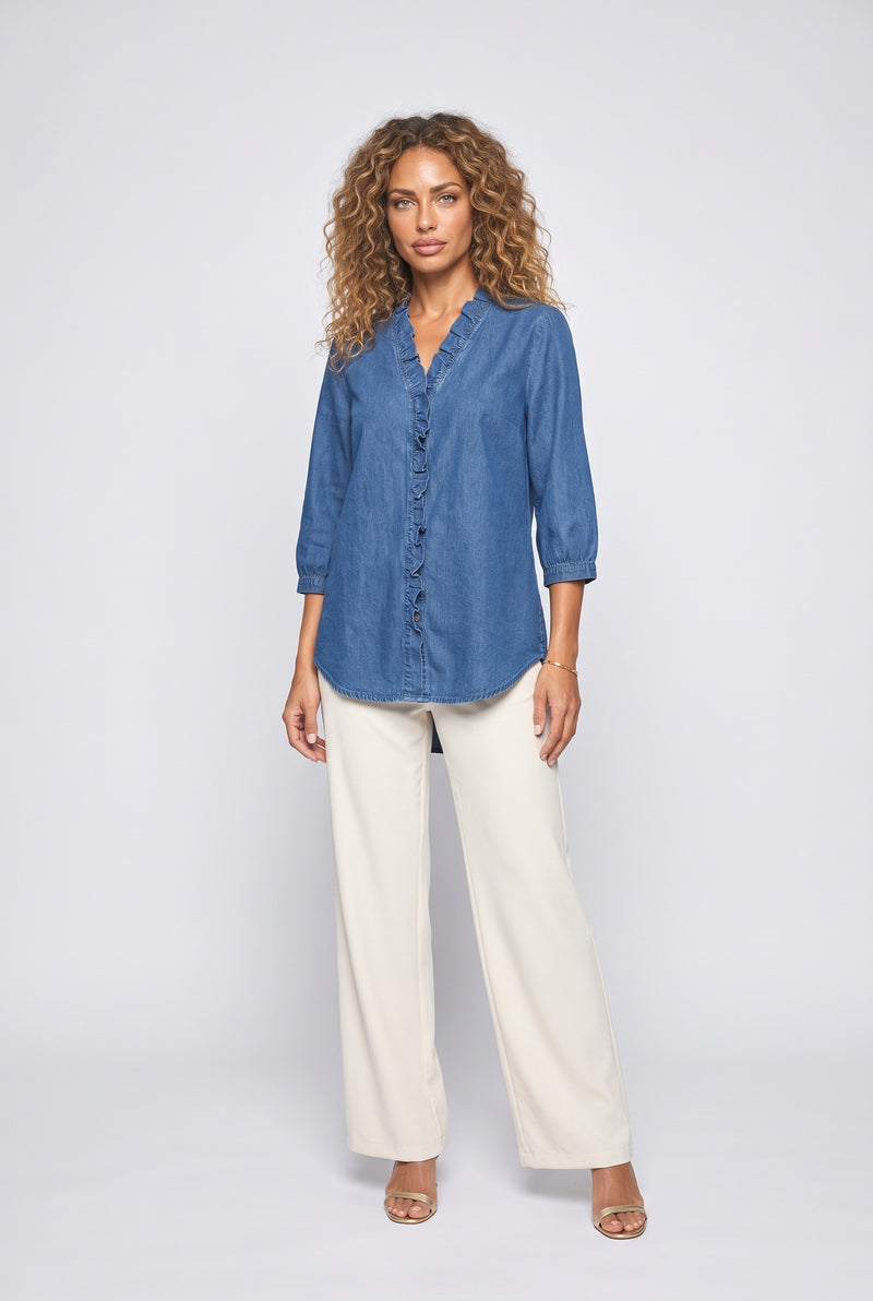 Denim V-Neck Ruffle Blouse
