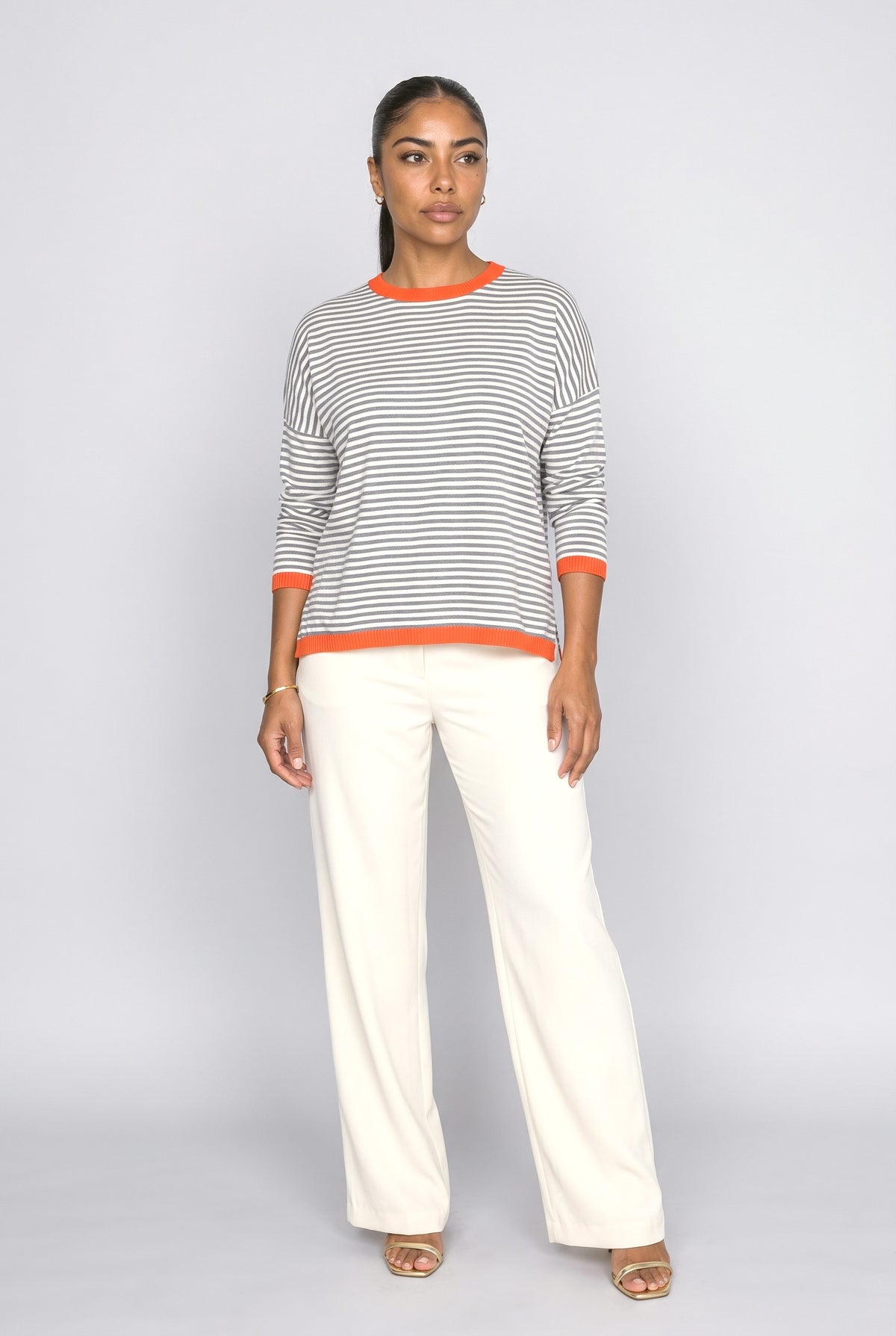 White Striped Long Sleeve Pullover Sweater, Gray white