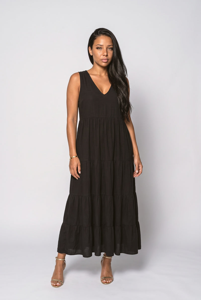 Black V-Neck Tiered Maxi Dress