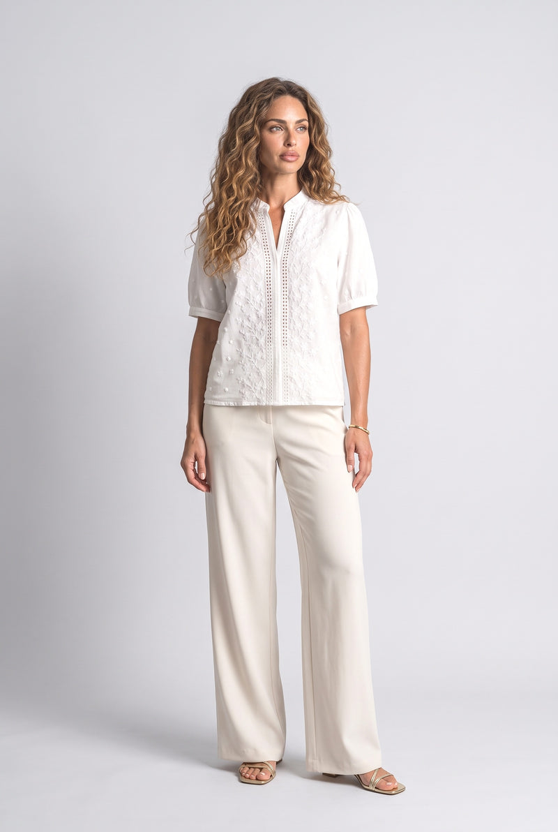 White Embroidered Short-Sleeve Blouse