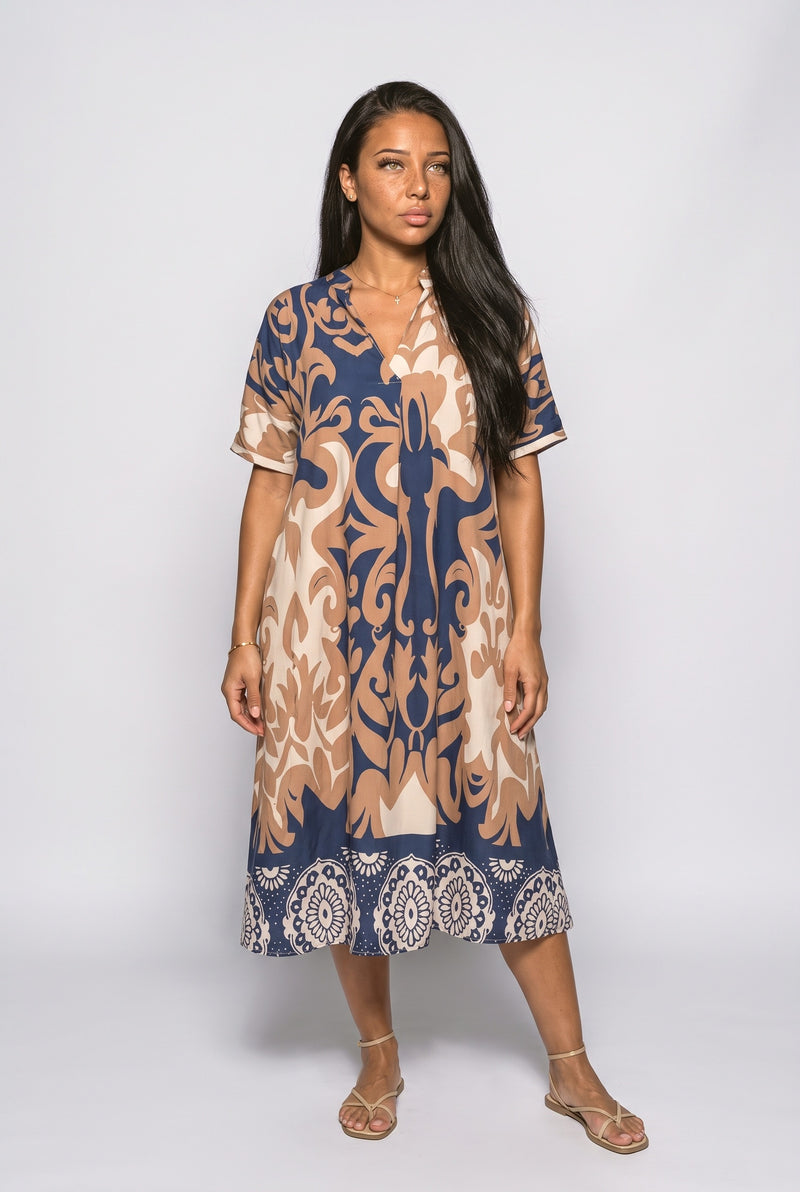 Blue V-Neck Print Midi Dress