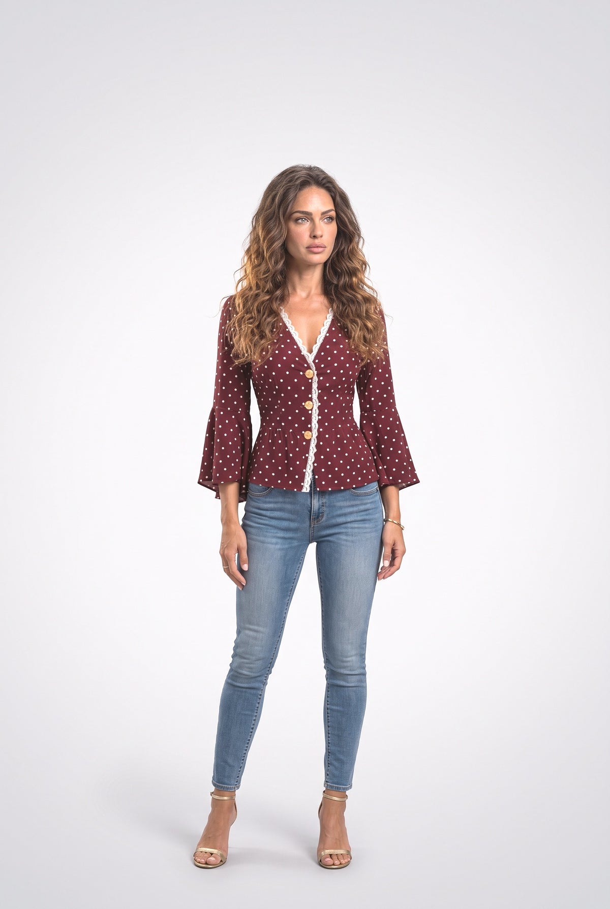 Lace V-Neck Polka Dot Blouse