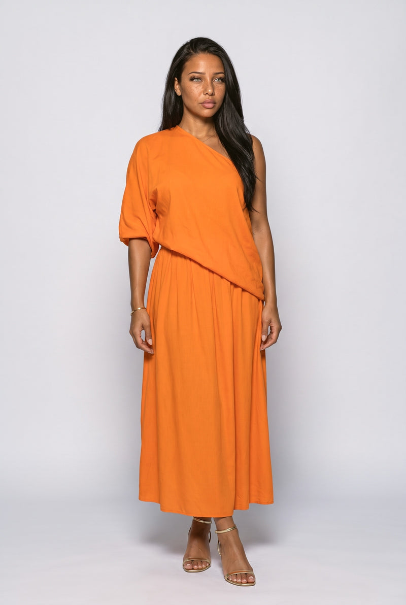 Vivid Orange One-Shoulder Two Piece Outfit