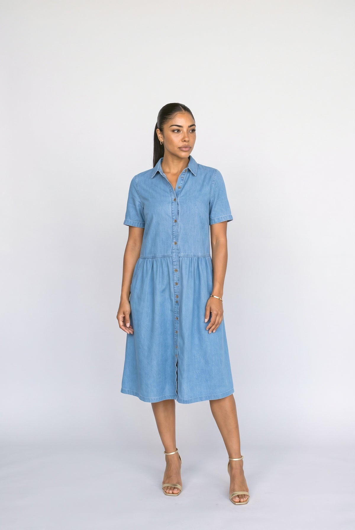 Blue A-Line Midi Dress, Light Wash Denim