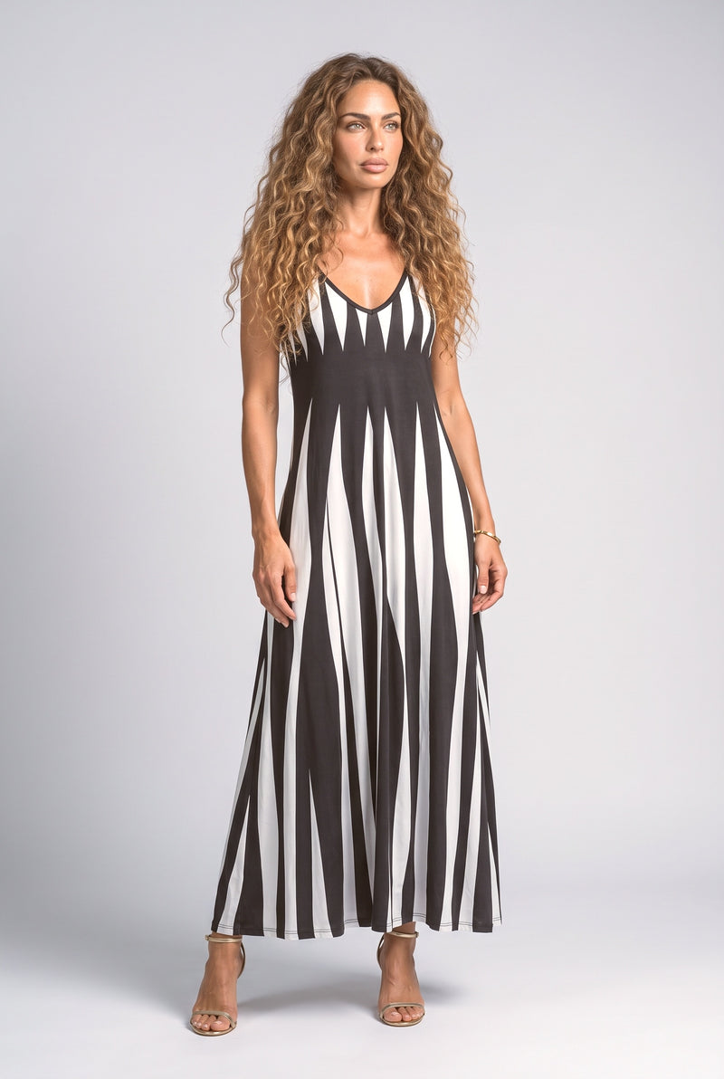 Black V-Neck Striped Maxi Dress