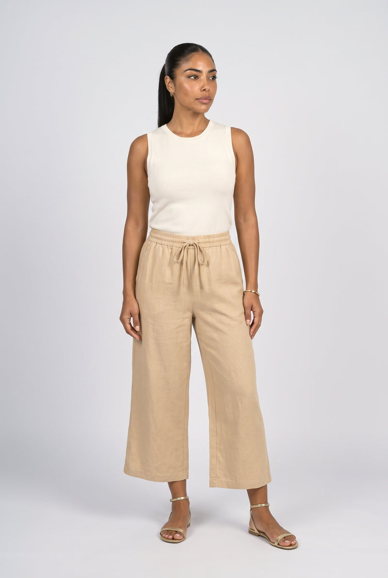 Khaki Beige Linen Wide Leg Pants