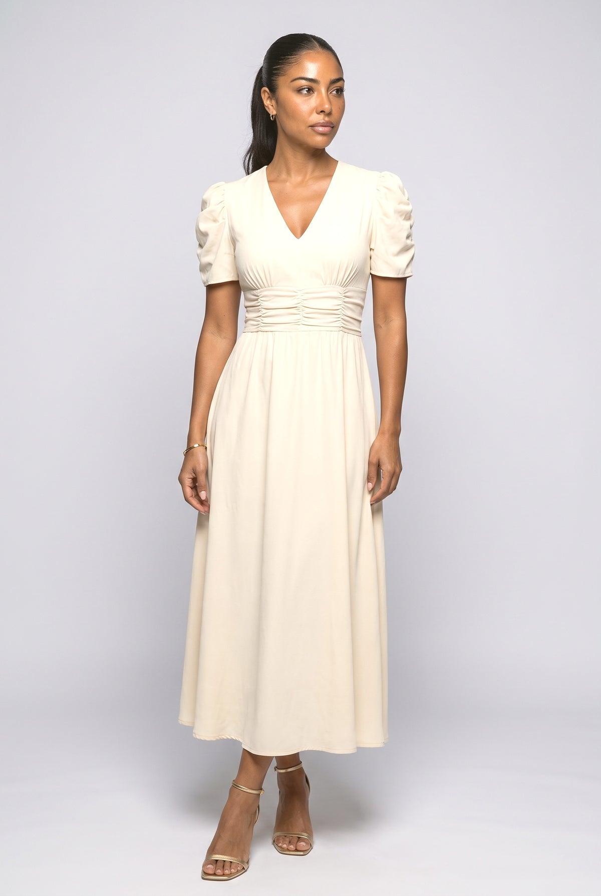 V-Neck Puff Sleeve Ruched Midi Dress