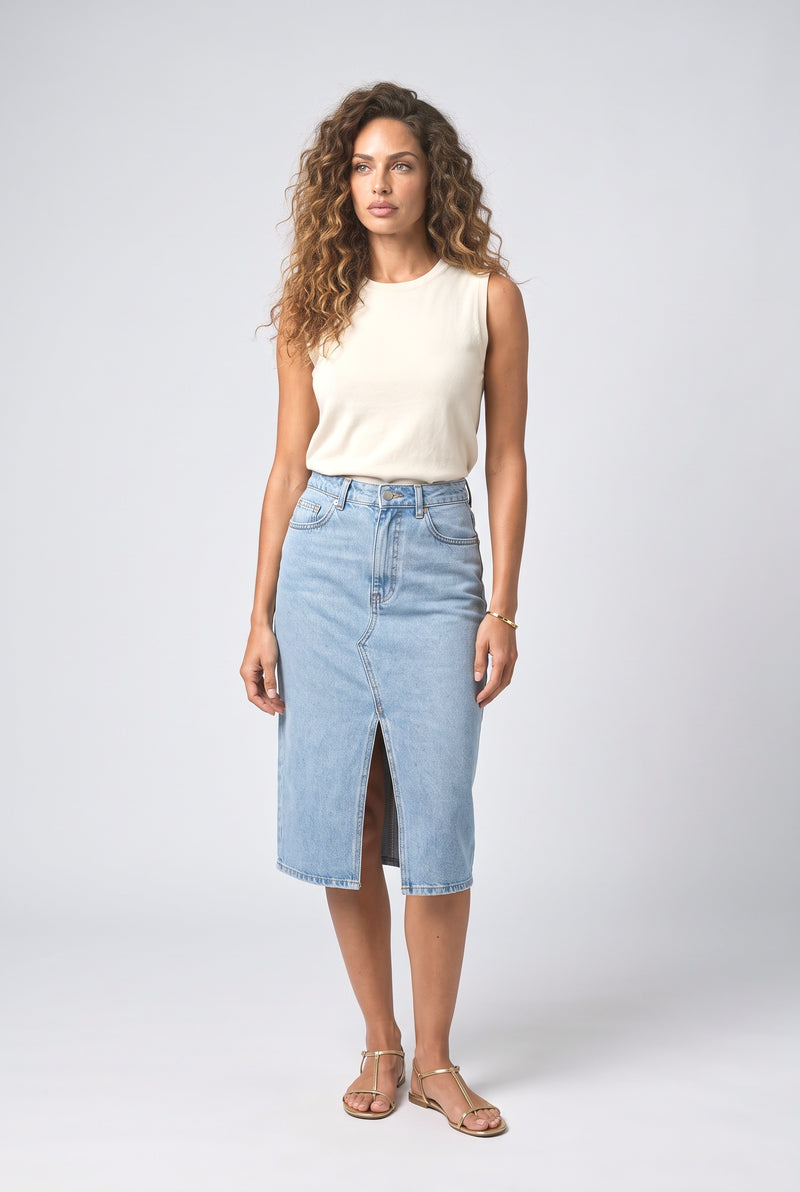 Denim Slit Midi Skirt
