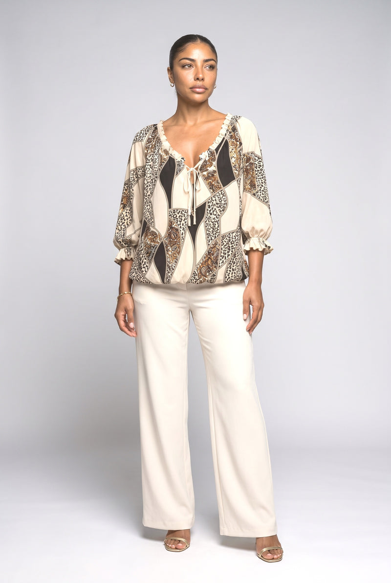 Cream V-Neck Leopard Blouse