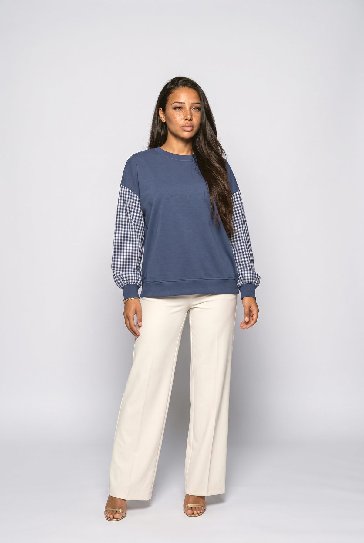 Crew Neck Plaid Relaxed Blouse