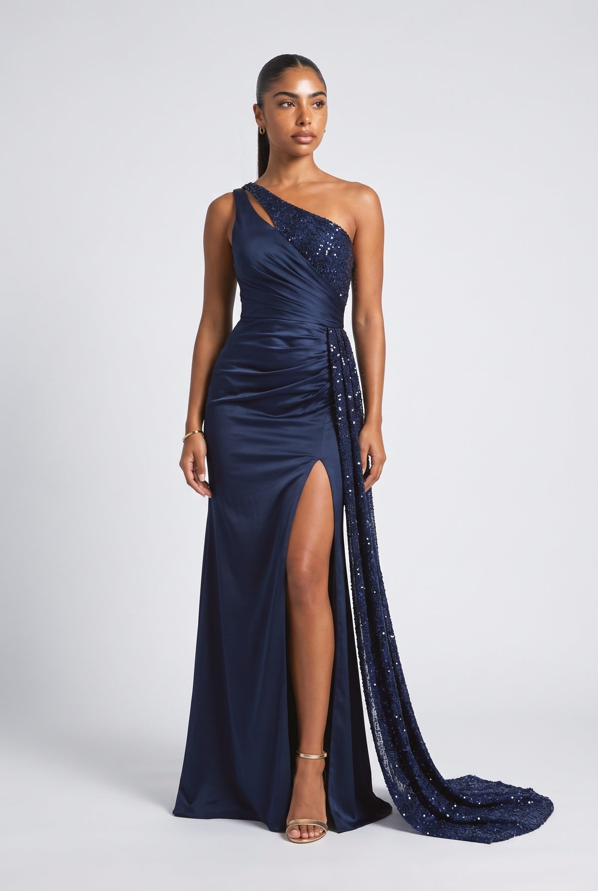 Sequin One-Shoulder Slit Maxi Dress