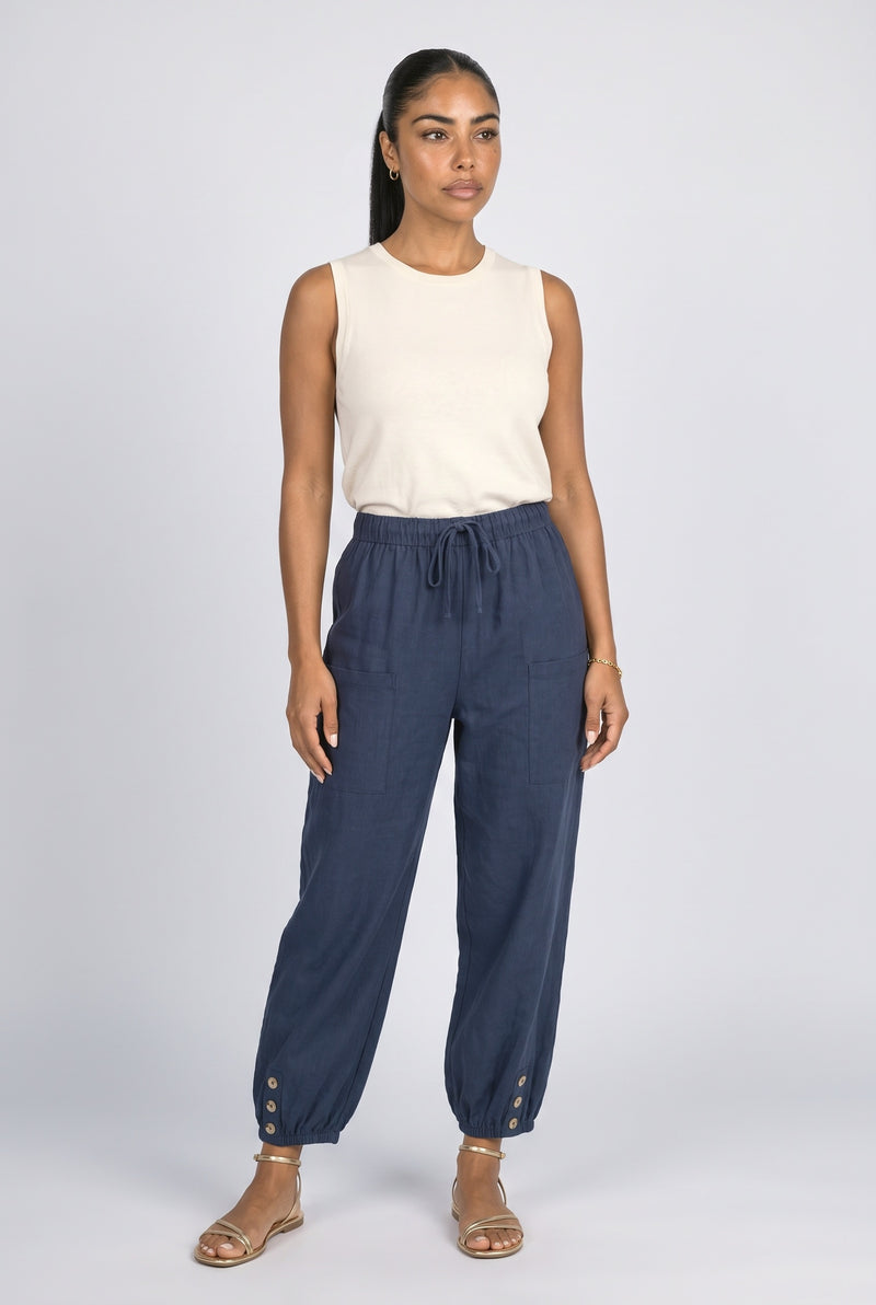 Navy Linen Wide Leg Pants