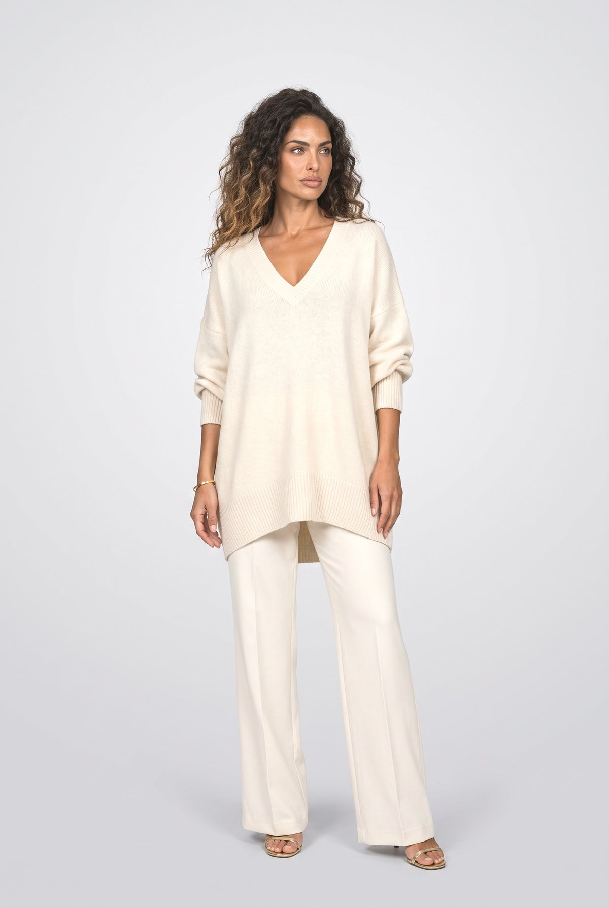 Knit V-Neck Draped Pullover Sweater
