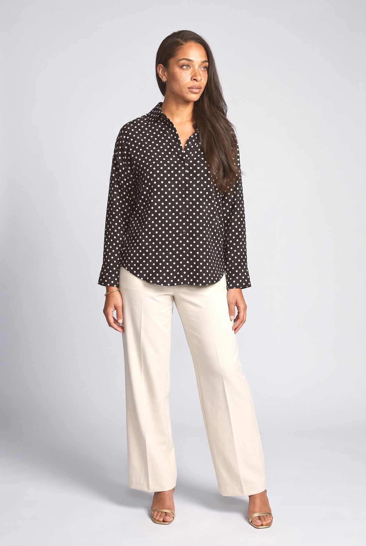 Black Polka Dot Long Sleeve Blouse, Black