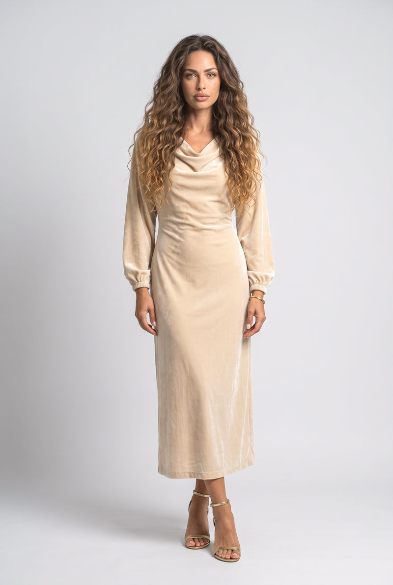 Apricot Velvet Midi Dress