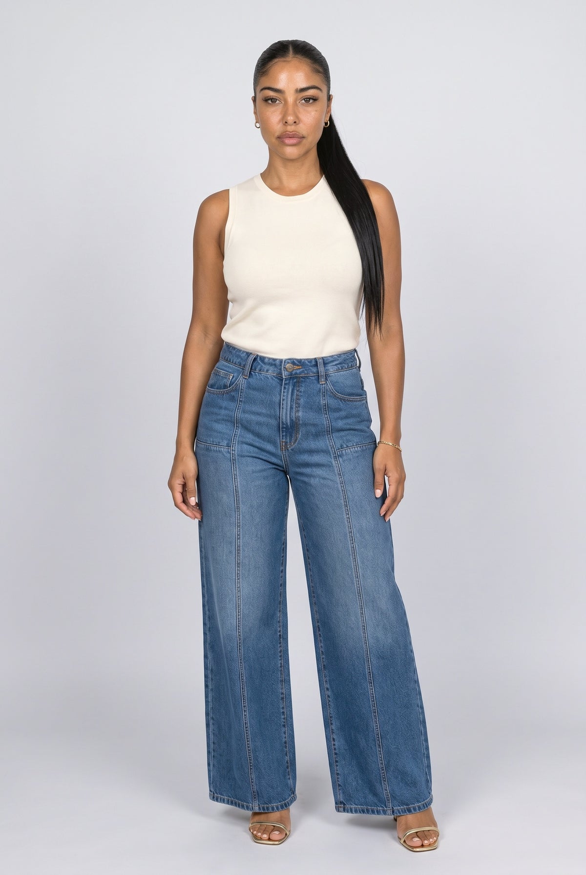 Blue Wide Leg Jeans, Medium Blue Wash
