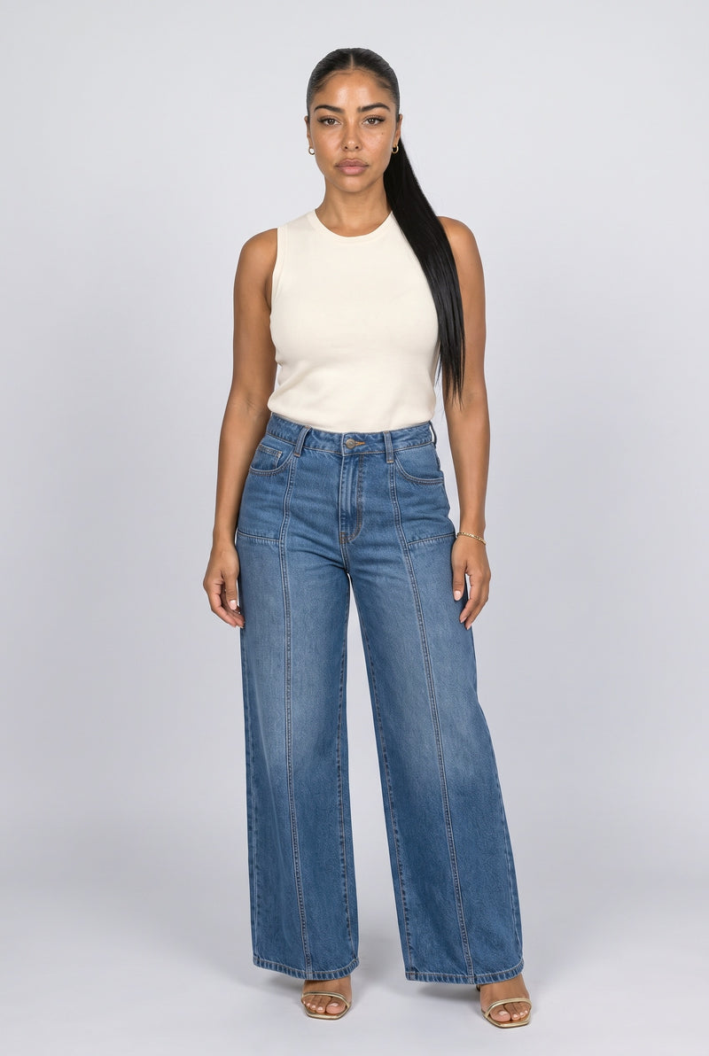 Blue Button-Fly Wide-Leg Jeans