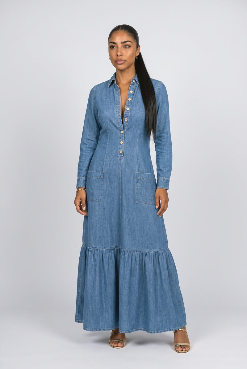 Medium Wash Denim Tiered Maxi Dress