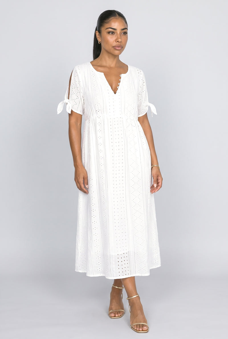 White V-Neck Midi Dress
