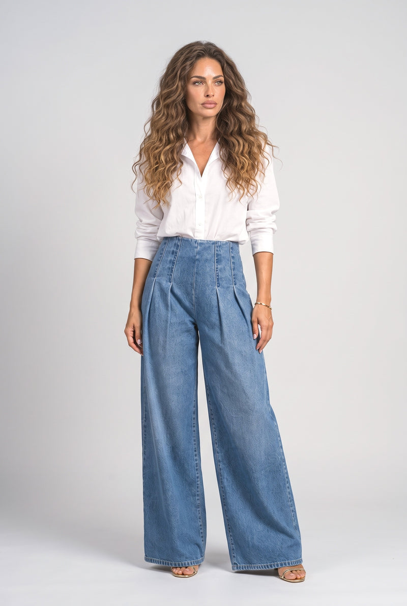 Blue Pleated Wide Leg Jeans