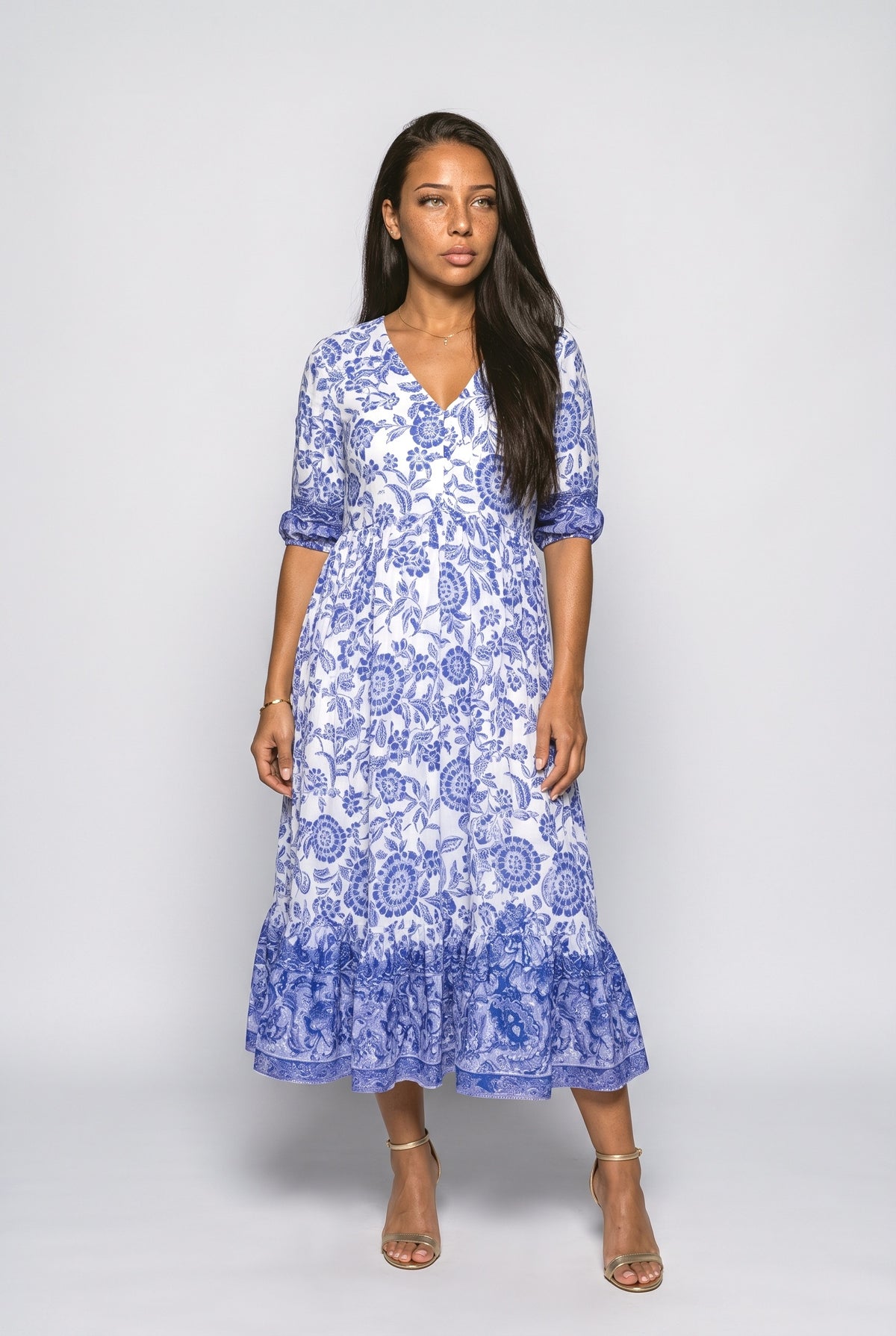 V-Neck Floral Tiered Midi Dress