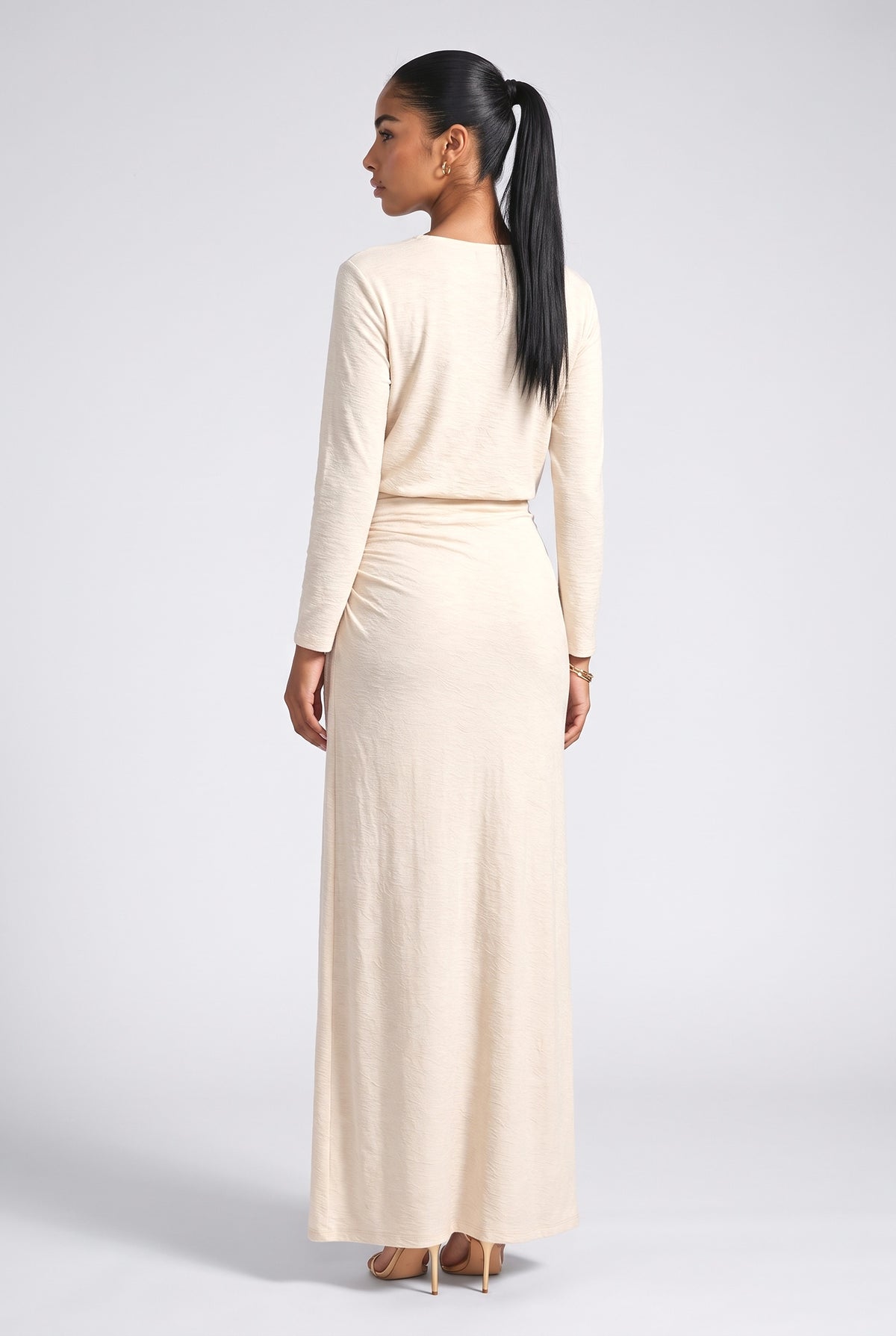 Beige Crew Neck Pleated Maxi Dress, back view